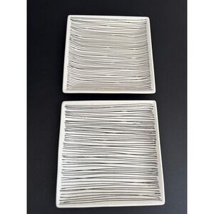 Crate & Barrel Square Appetizer Plates White Black Pinstripe Set of 2 8 inch
